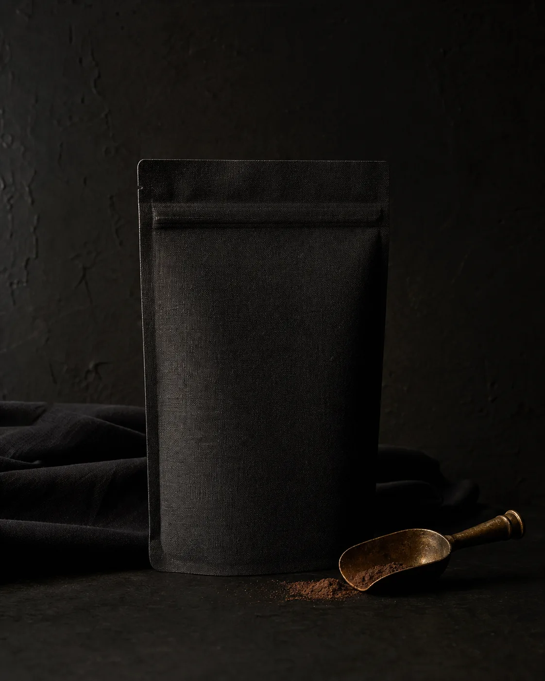 Black pouch packaging concept for THRUM Cacao